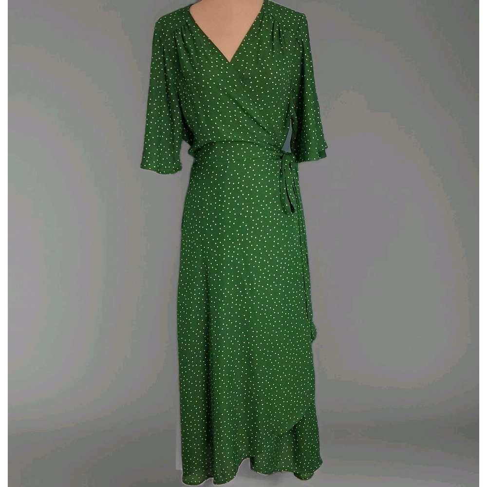 Bobeau Orna Womens Wrap Dress Sz Large Green Ruffle Polkadot Midi Length